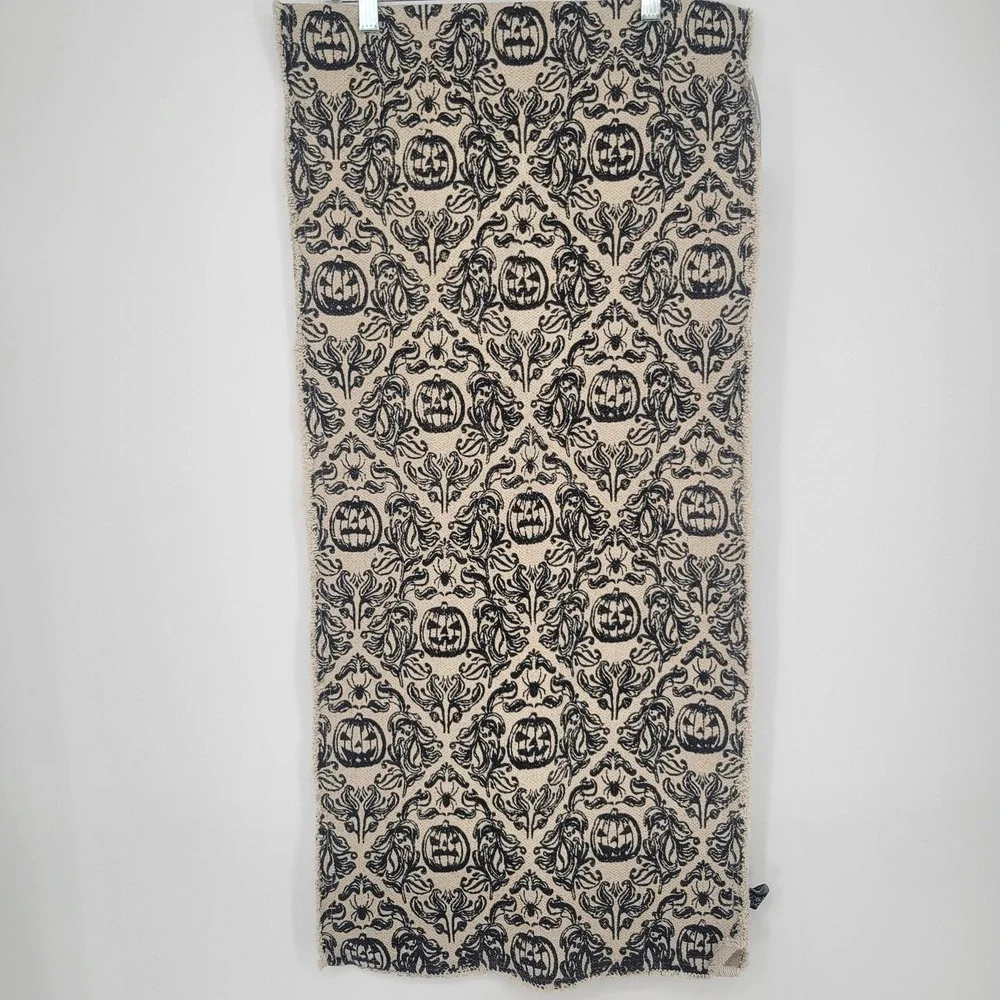 Goblin & Ghoul Halloween Table Runner Black Damask Pumpkin Spider Cream 16x72